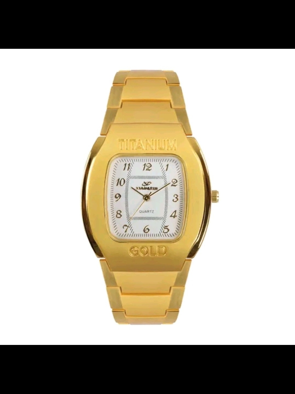 NWOT Gold Titanium Quartz Watch with White Dial.